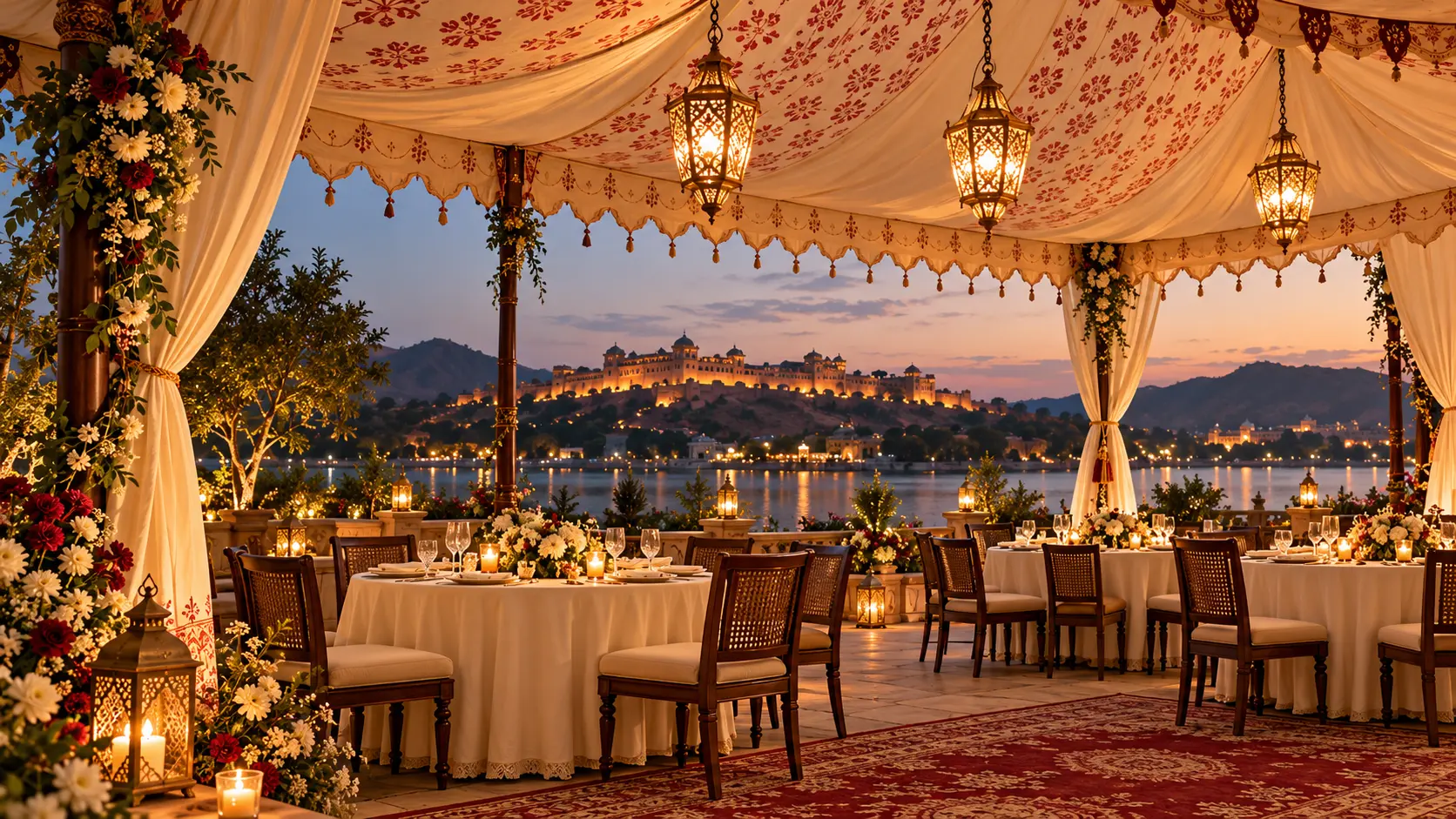A long banquet table under a festooned tent canopy. Illustrated setting, not a completed Casa Marwad project.