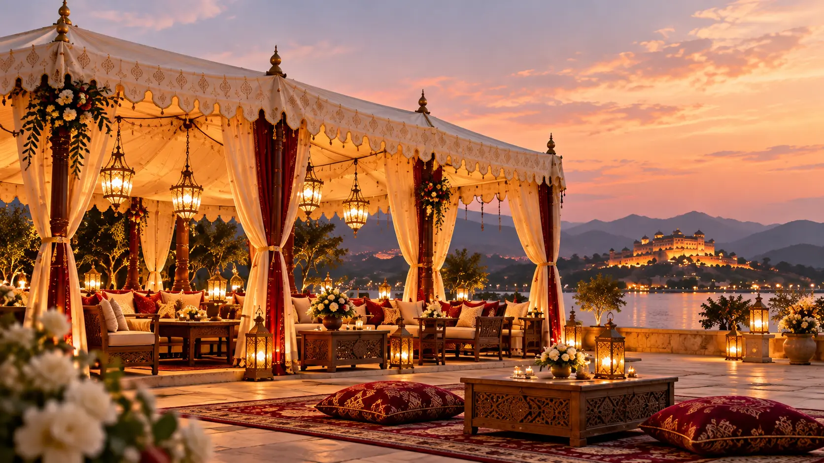 A lounge of low seating and brass lanterns inside a burgundy-dressed tent. Illustrated setting, not a completed Casa Marwad project.